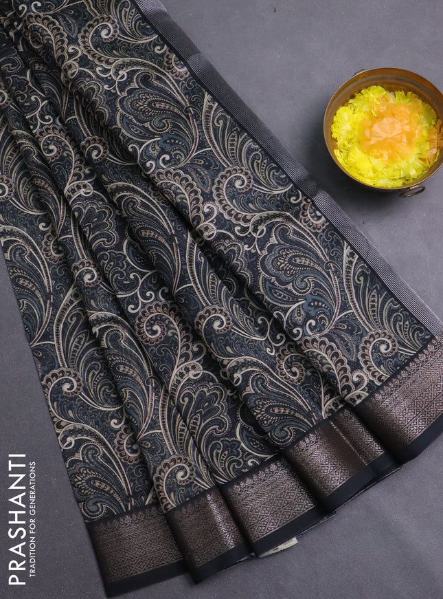 Chanderi silk cotton saree black with allover prints and banarasi style border