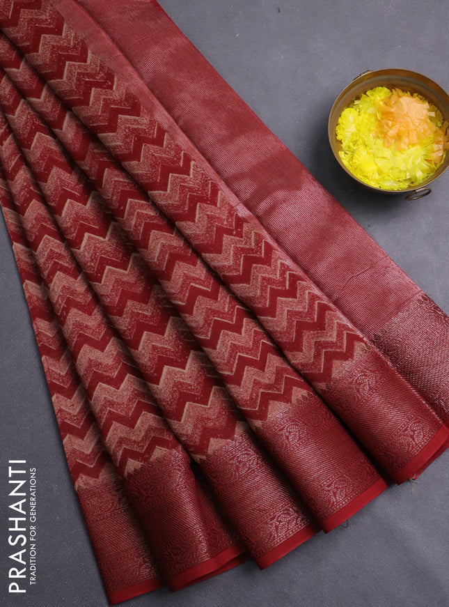 Chanderi silk cotton saree maroon with allover zigzag prints and banarasi style border