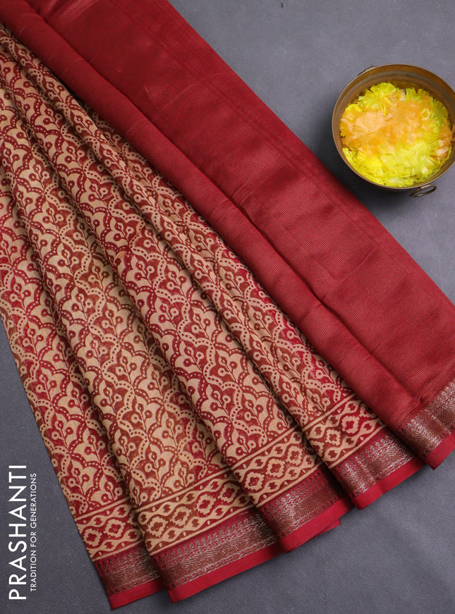 Chanderi silk cotton saree sandal and maroon with allover prints and banarasi style border