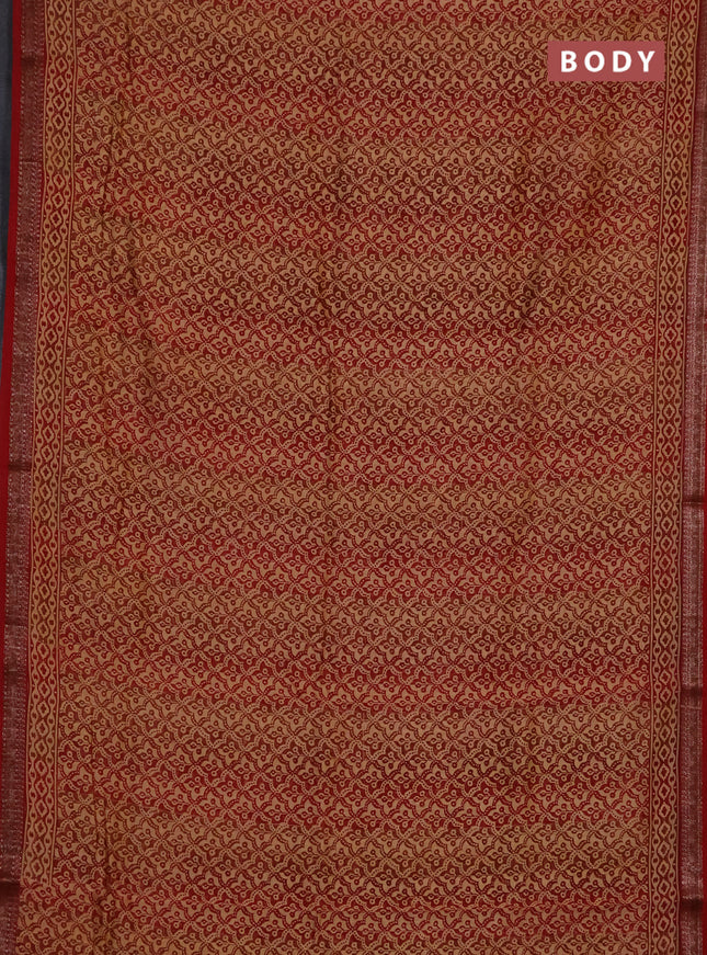 Chanderi silk cotton saree sandal and maroon with allover prints and banarasi style border