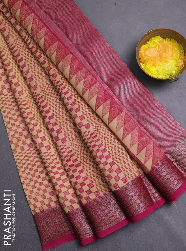 Chanderi silk cotton saree sandal and megenta pink with allover geometric prints and banarasi style border
