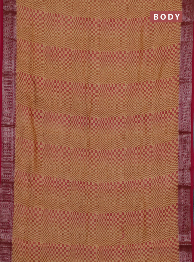 Chanderi silk cotton saree sandal and megenta pink with allover geometric prints and banarasi style border