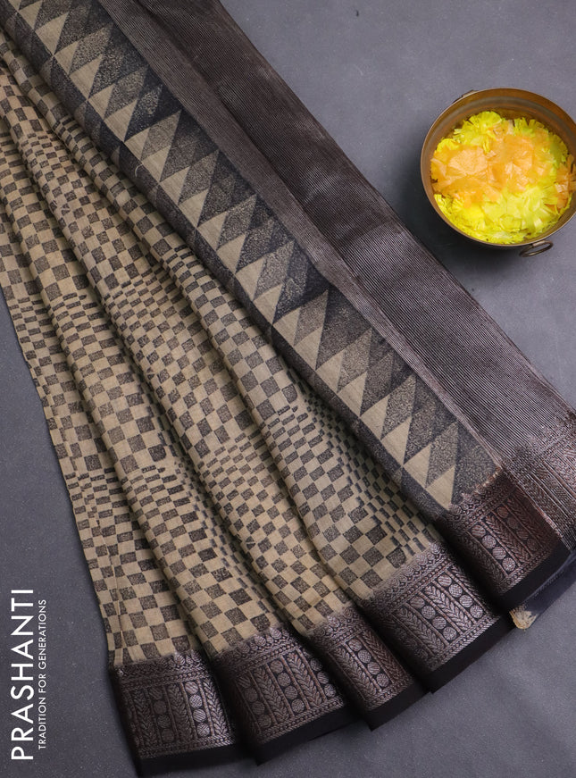 Chanderi silk cotton saree sandal and black with allover geometric prints and banarasi style border