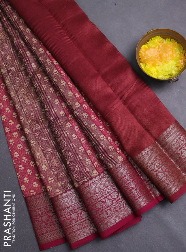 Chanderi silk cotton saree wine shade with allover prints and banarasi style border