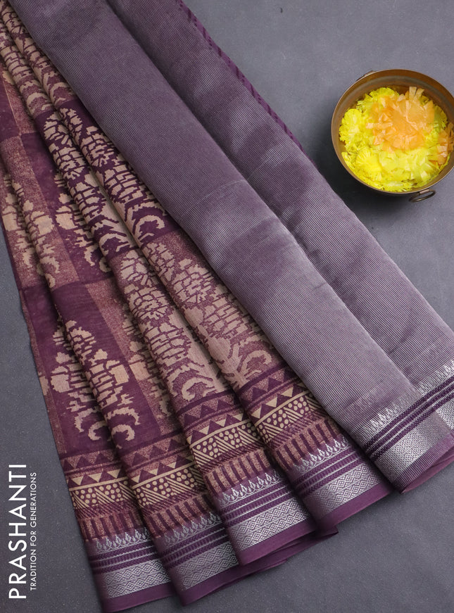 Chanderi silk cotton saree wine shade with allover prints and silver zari woven border