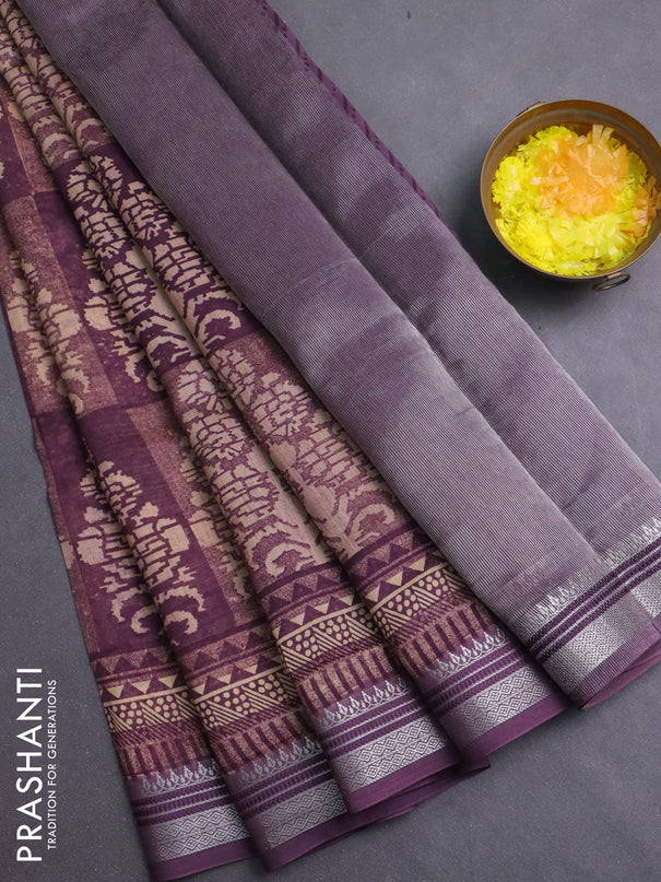 Chanderi silk cotton saree wine shade with allover prints and silver zari woven border