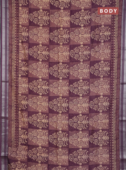 Chanderi silk cotton saree wine shade with allover prints and silver zari woven border