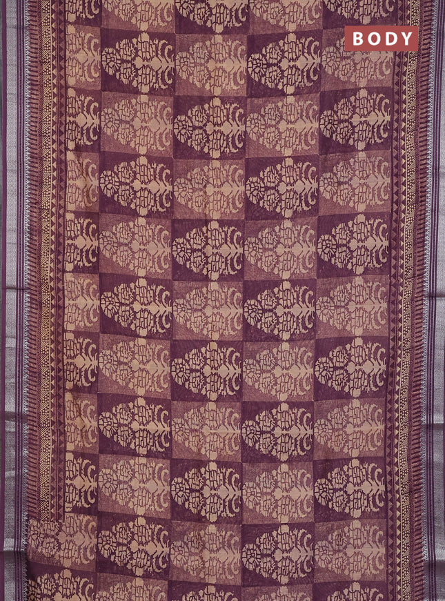 Chanderi silk cotton saree wine shade with allover prints and silver zari woven border
