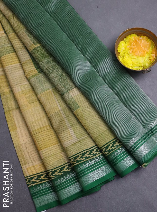 Chanderi silk cotton saree multi colour and green with allover geometric prints and silver zari woven border