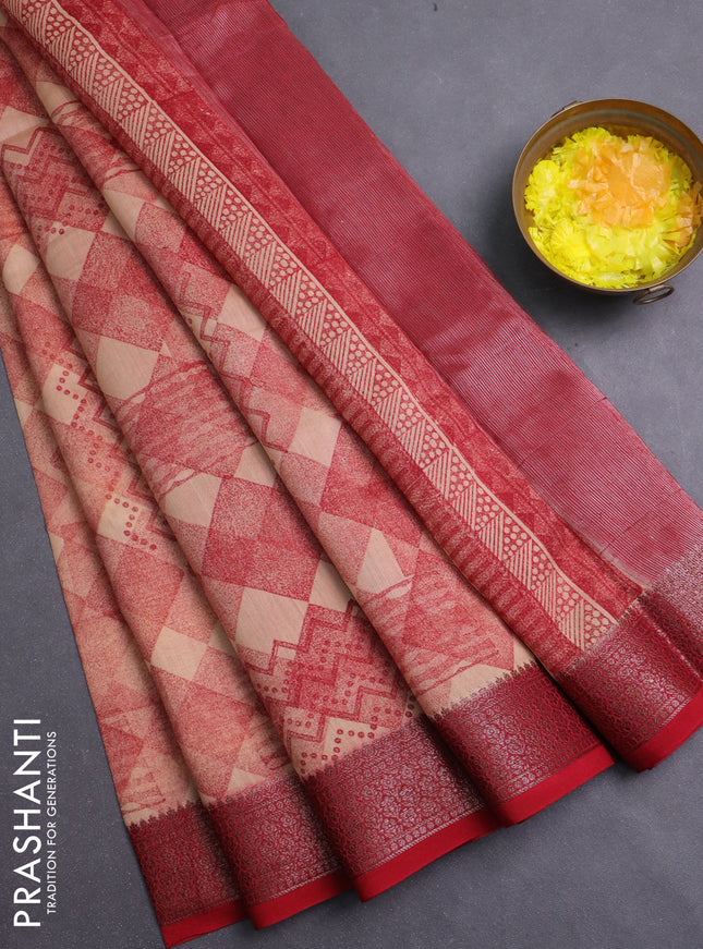 Chanderi silk cotton saree sandal and red with allover geometric prints and banarasi style border