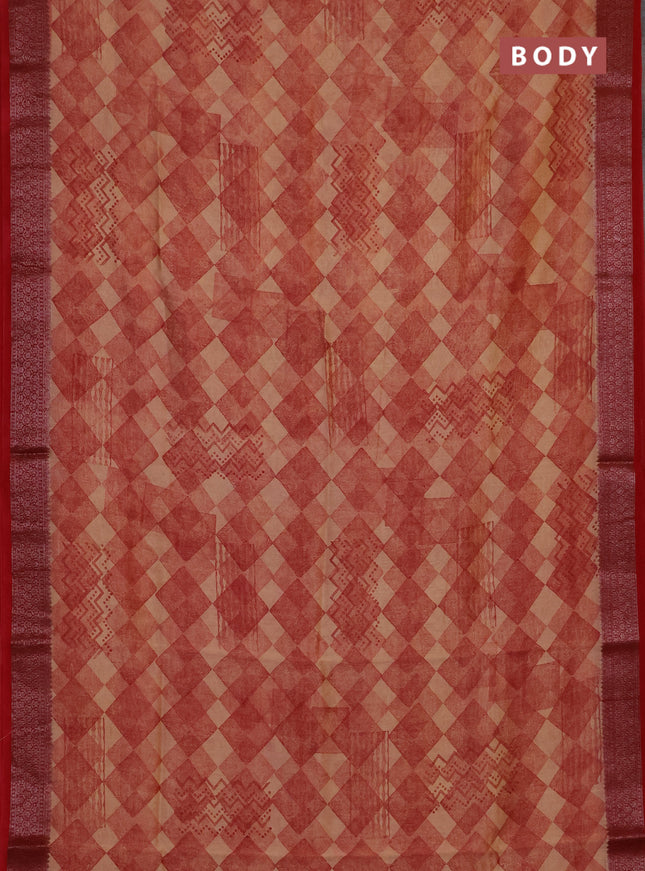 Chanderi silk cotton saree sandal and red with allover geometric prints and banarasi style border
