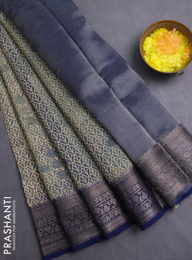 Chanderi silk cotton saree beige and peacock blue with allover prints and banarasi style border