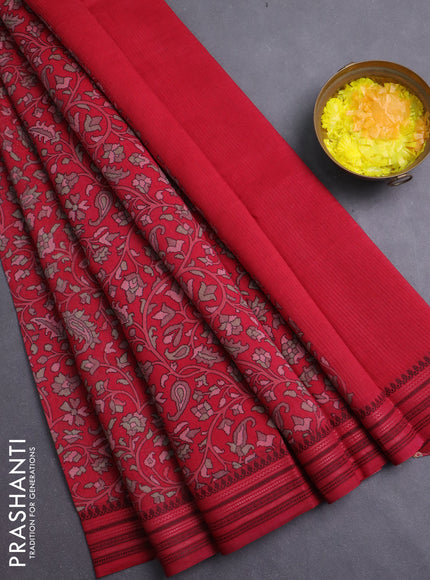 Chanderi silk cotton saree maroon with allover prints and thread woven border