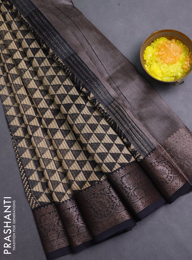 Chanderi silk cotton saree beige and black with allover geometric prints and banarasi style border