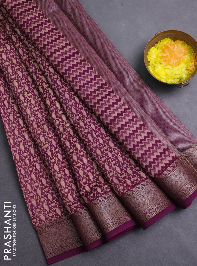 Chanderi silk cotton saree wine shade with allover prints and banarasi style border