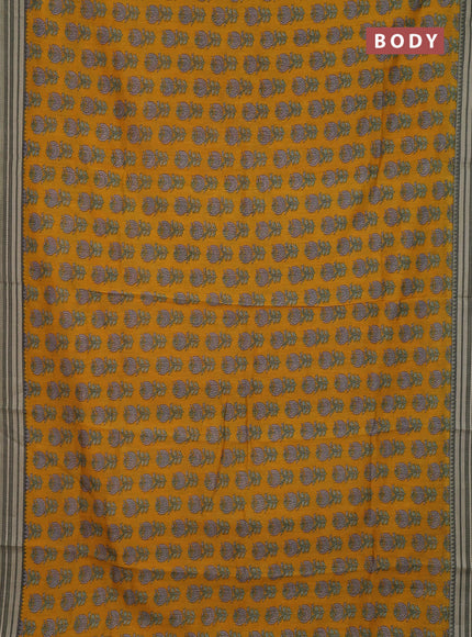 Chanderi silk cotton saree mustard yellow and elaichi green with allover prints and thread woven border