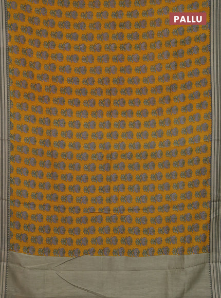 Chanderi silk cotton saree mustard yellow and elaichi green with allover prints and thread woven border