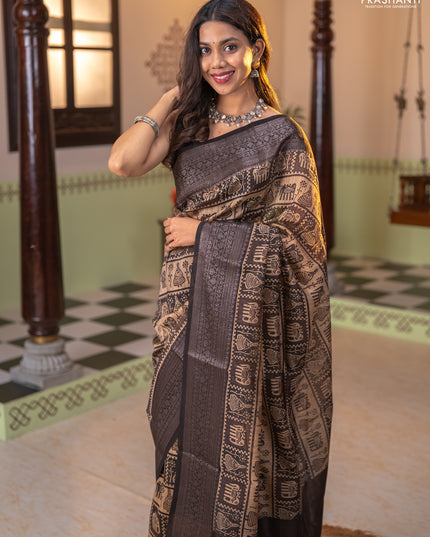 Chanderi silk cotton saree beige and black with allover prints and banarasi style border