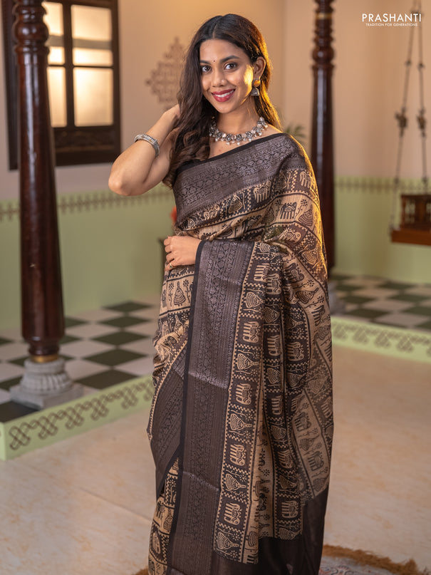 Chanderi silk cotton saree beige and black with allover prints and banarasi style border