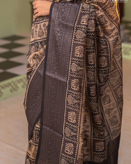 Chanderi silk cotton saree beige and black with allover prints and banarasi style border