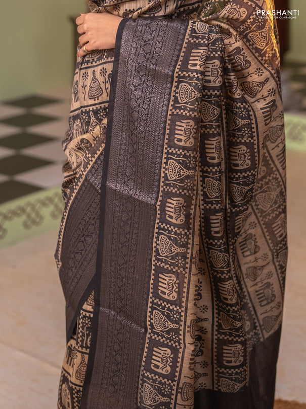 Chanderi silk cotton saree beige and black with allover prints and banarasi style border