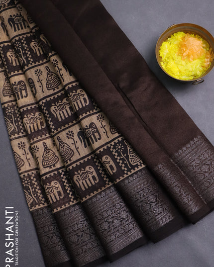 Chanderi silk cotton saree beige and black with allover prints and banarasi style border
