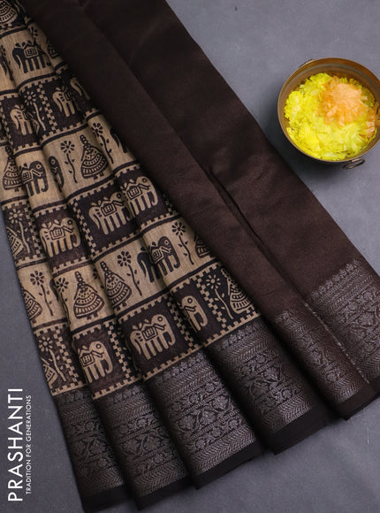 Chanderi silk cotton saree beige and black with allover prints and banarasi style border