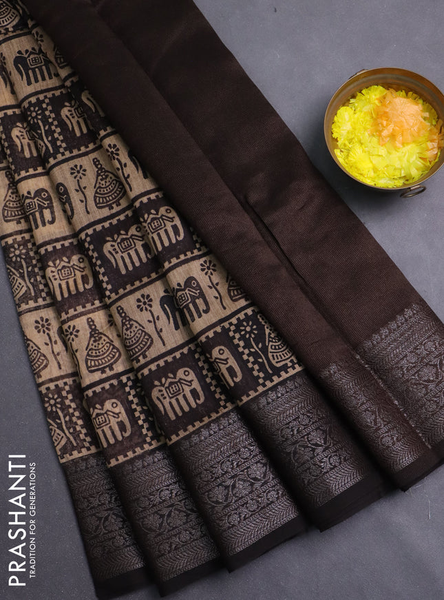 Chanderi silk cotton saree beige and black with allover prints and banarasi style border