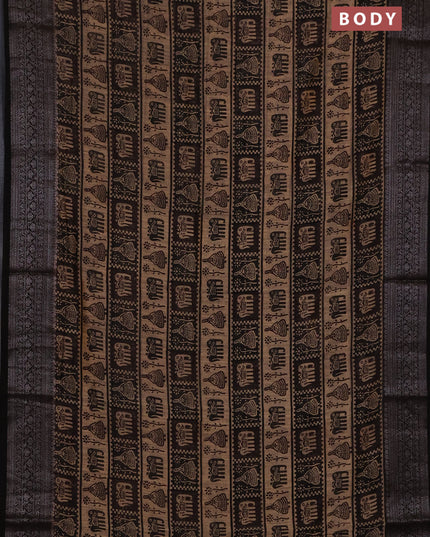 Chanderi silk cotton saree beige and black with allover prints and banarasi style border