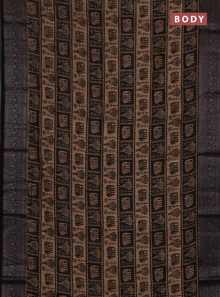 Chanderi silk cotton saree beige and black with allover prints and banarasi style border