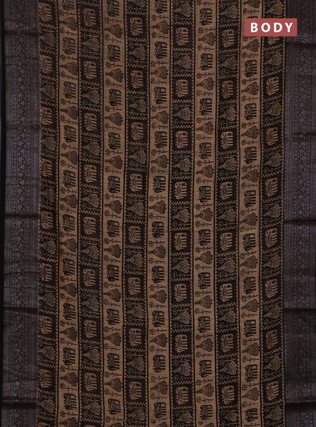 Chanderi silk cotton saree beige and black with allover prints and banarasi style border