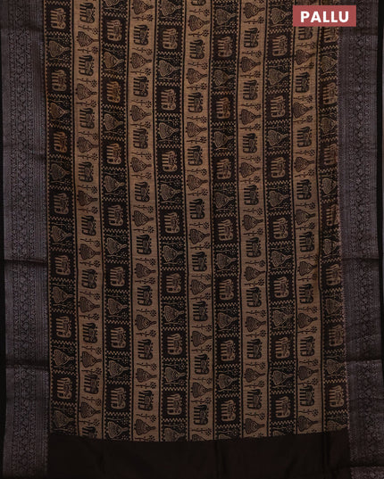 Chanderi silk cotton saree beige and black with allover prints and banarasi style border