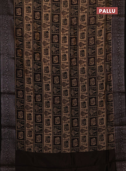Chanderi silk cotton saree beige and black with allover prints and banarasi style border