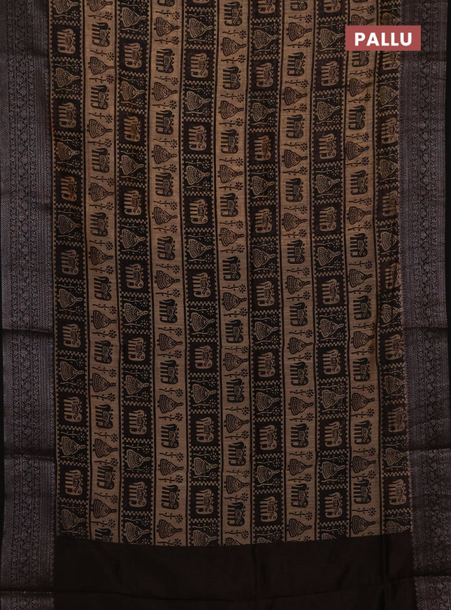 Chanderi silk cotton saree beige and black with allover prints and banarasi style border