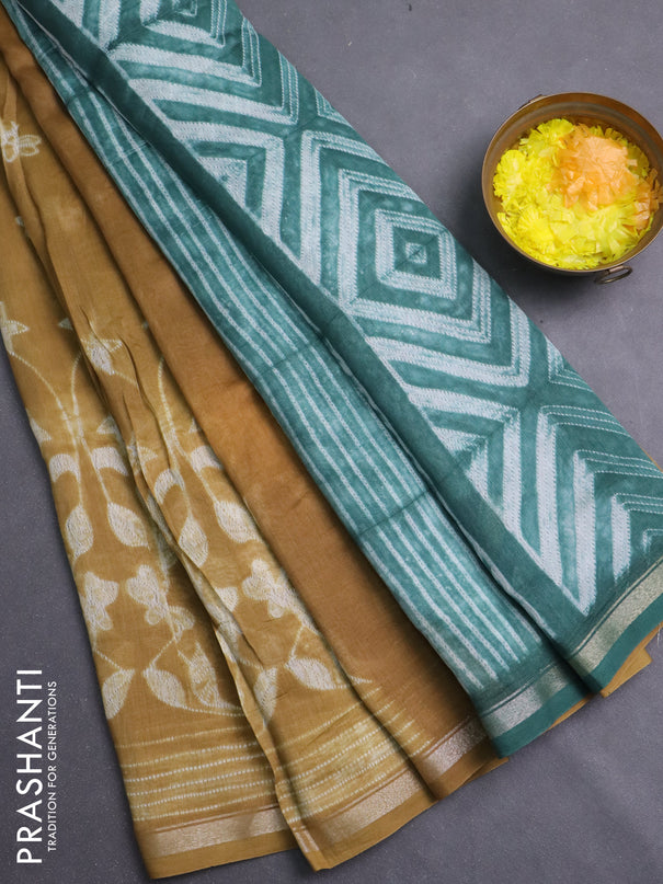 Chanderi silk cotton saree sandal and green with shibori prints and zari woven borde