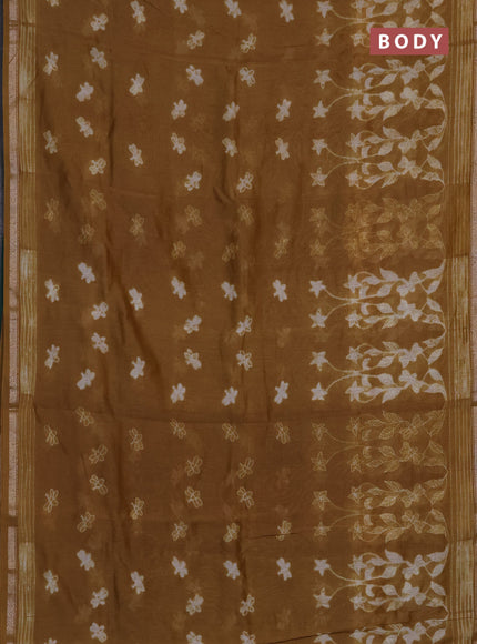 Chanderi silk cotton saree sandal and green with shibori prints and zari woven borde