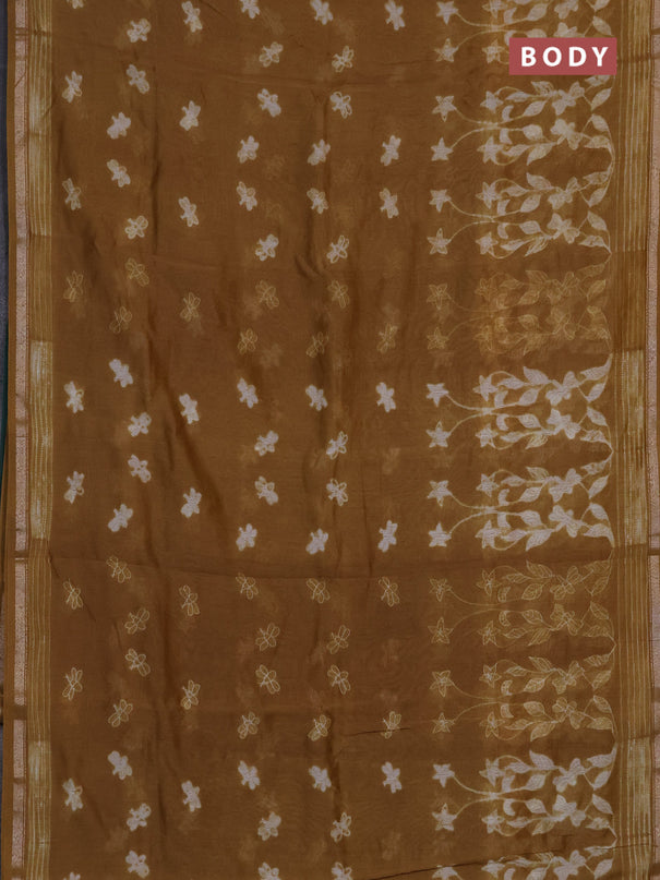 Chanderi silk cotton saree sandal and green with shibori prints and zari woven borde