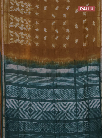 Chanderi silk cotton saree sandal and green with shibori prints and zari woven borde