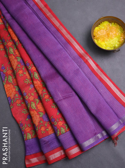 Chanderi silk cotton saree red and lavender with allover prints and zari woven borde