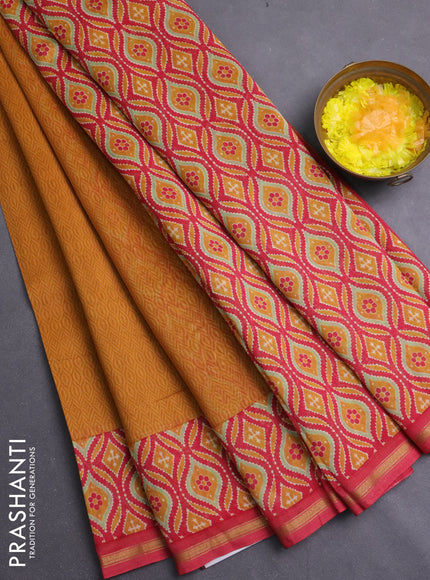 Chanderi silk cotton saree dark mustard and maroon with allover prints and zari woven borde
