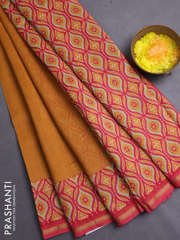 Chanderi silk cotton saree dark mustard and maroon with allover prints and zari woven borde