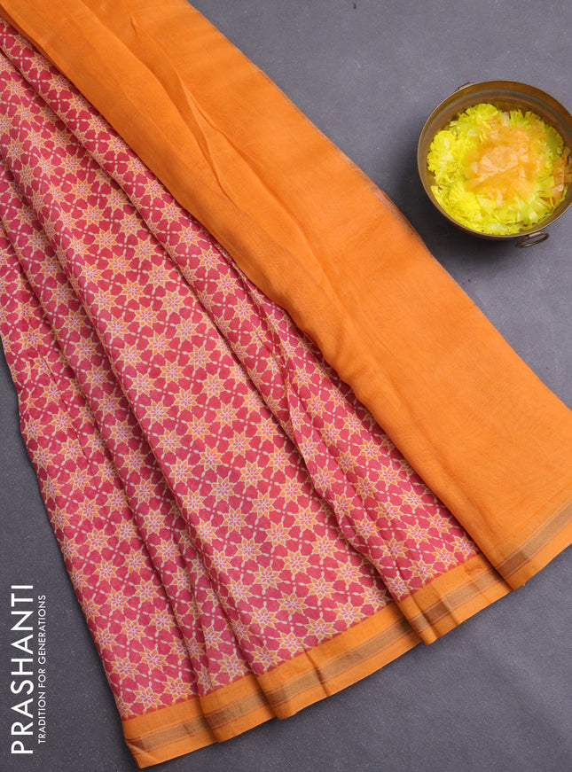 Chanderi silk cotton saree mauve pink and orange with allover prints and zari woven borde