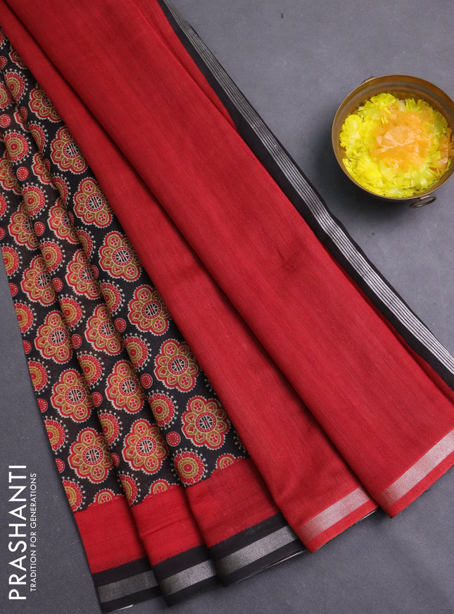 Chanderi silk cotton saree black and red with allover prints and zari woven borde