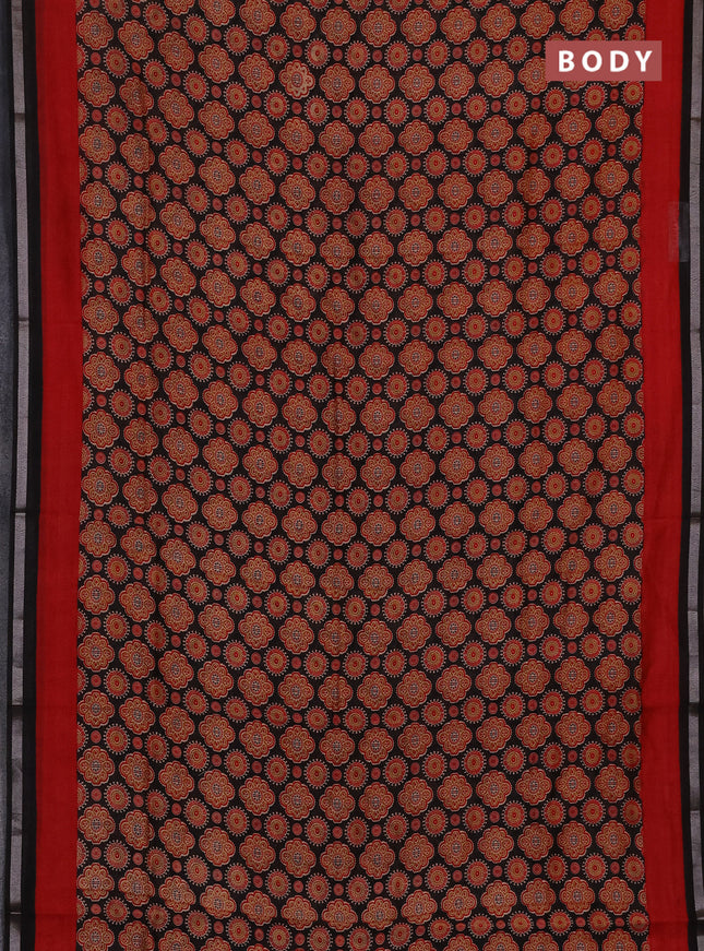 Chanderi silk cotton saree black and red with allover prints and zari woven borde