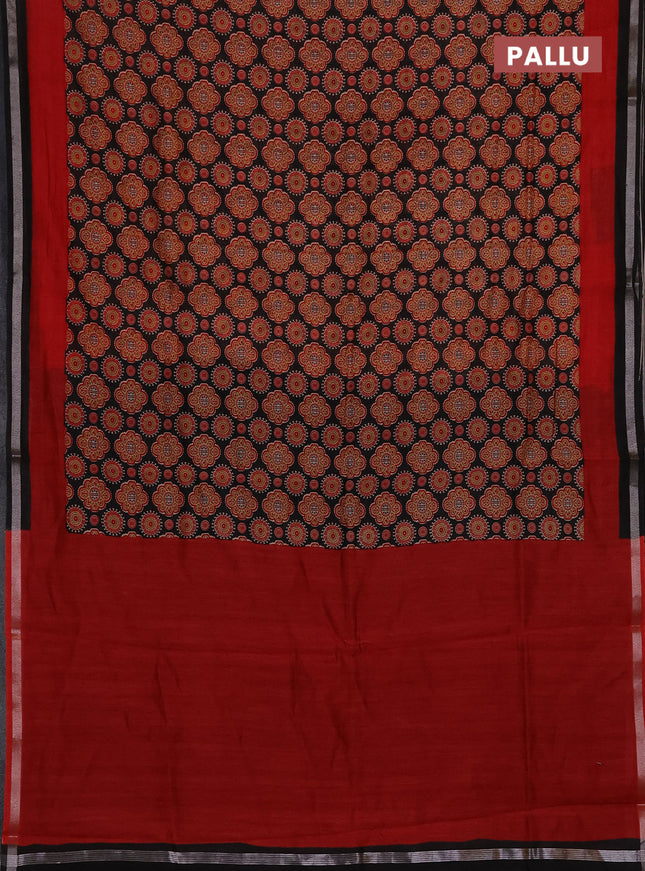 Chanderi silk cotton saree black and red with allover prints and zari woven borde