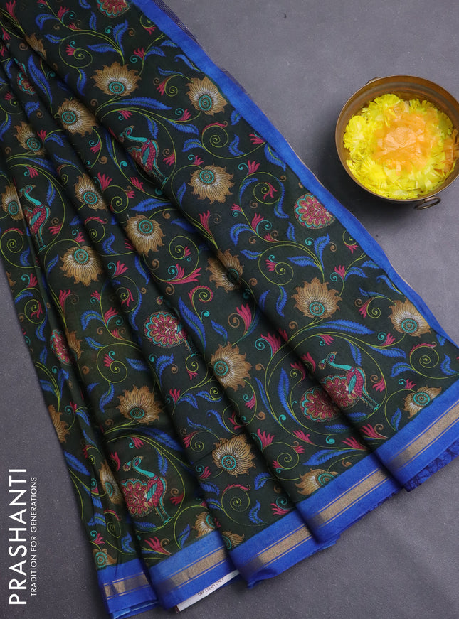 Chanderi silk cotton saree sap green and blue with allover prints and zari woven borde