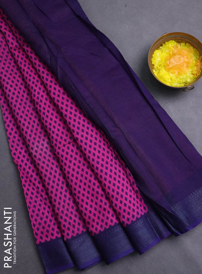 Chanderi silk cotton saree dark pink and navy blue with allover geometric prints and banarasi style border