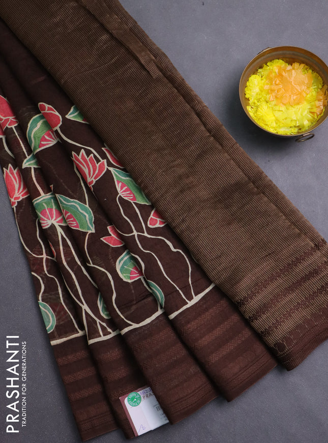 Chanderi silk cotton saree coffee brown with allover prints and thread woven border