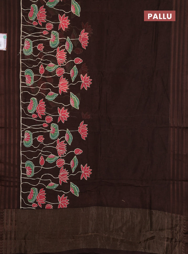 Chanderi silk cotton saree coffee brown with allover prints and thread woven border