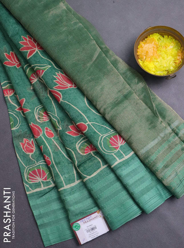 Chanderi silk cotton saree pastel green with allover prints and thread woven border